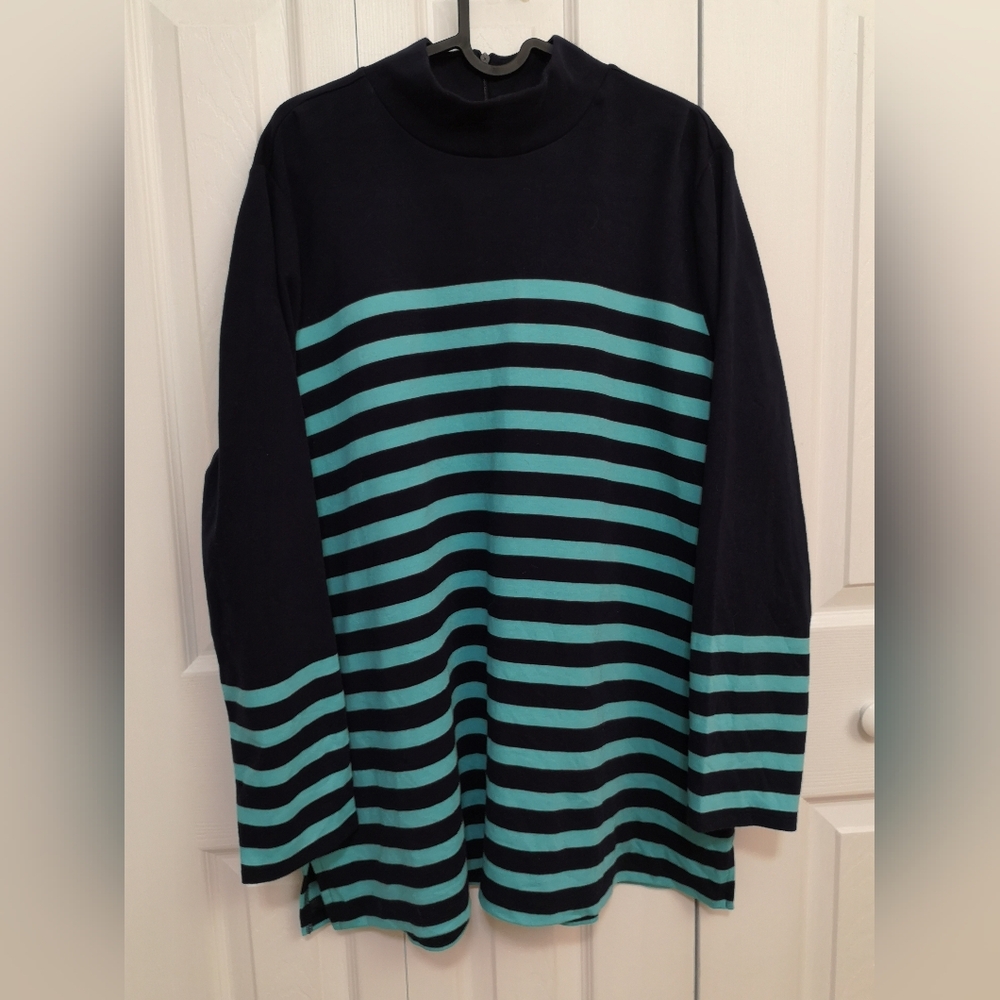 Talbots Woman 2X Navy Teal Stripe Mock Neck Tunic Top
